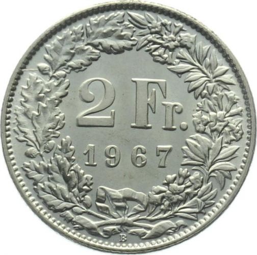 2 Franken 1967 B Stempelriss auf Wertseite bei 10 Uhr